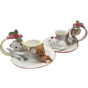 VTG George Good Christmas Ceramic Candle Holder Set-2 Cat & Mouse Chambersticks‎